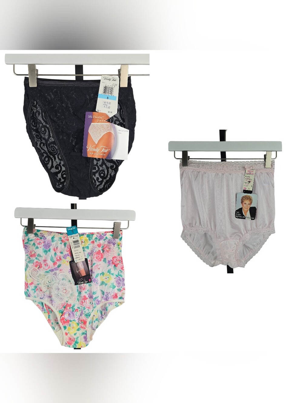 NWT Vintage Olga & Vanity Fair Set of 3 Full Brief Panties, Pink Floral Black S